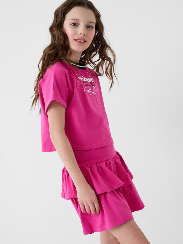 Комплект трикотажный для девочек: джемпер (футболка), юбка-шорты