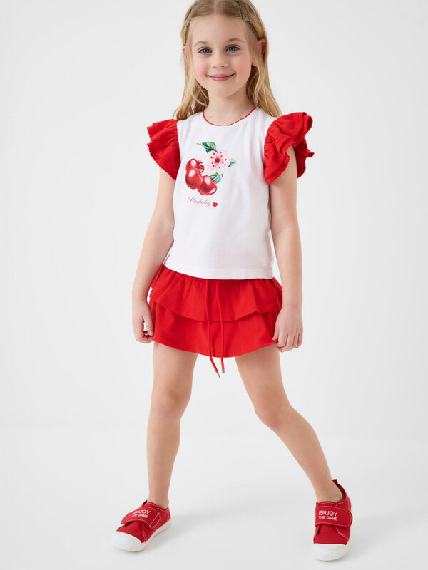 Комплект трикотажный для девочек: фуфайка (футболка), юбка-шорты