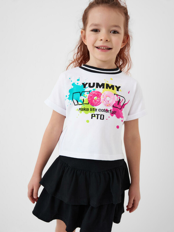 Комплект трикотажный для девочек: джемпер (футболка), юбка-шорты