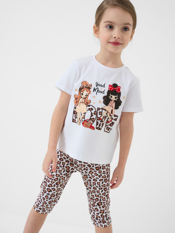 Комплект трикотажный для девочек: фуфайка (футболка), брюки (легинсы укороченные)