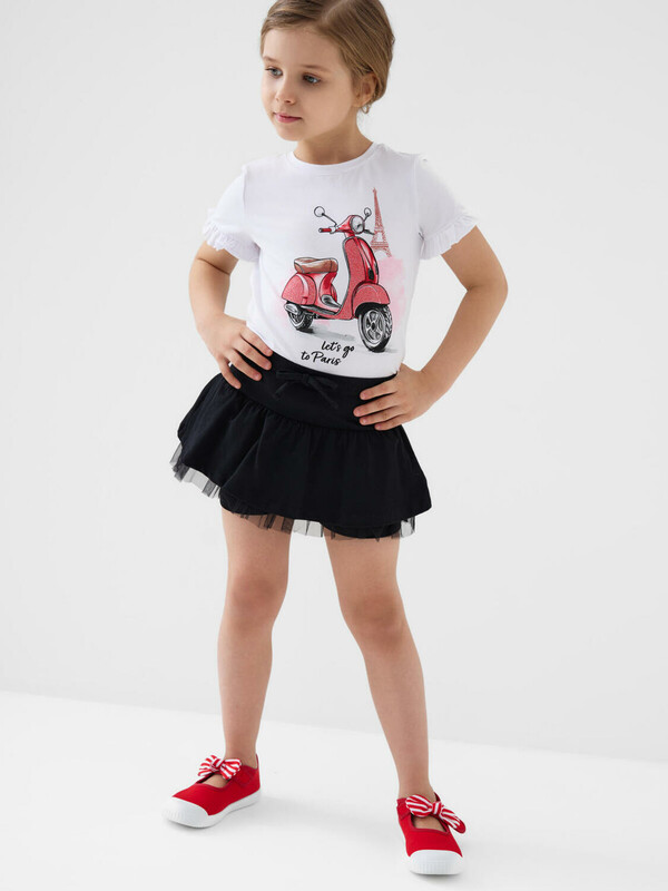 Комплект трикотажный для девочек: джемпер (футболка), юбка-шорты