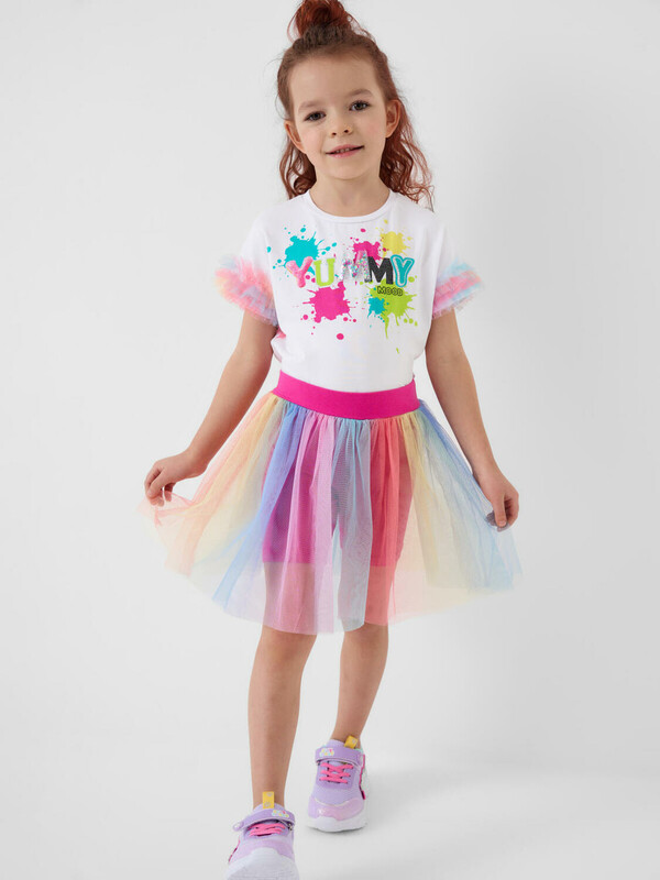 Комплект трикотажный для девочек: джемпер (футболка), юбка-шорты