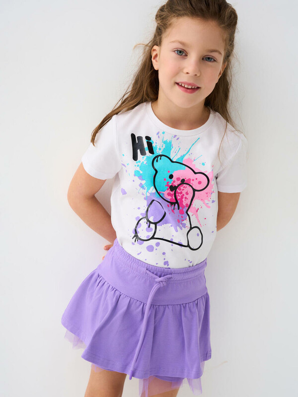 Комплект трикотажный для девочек: фуфайка (футболка), юбка-шорты