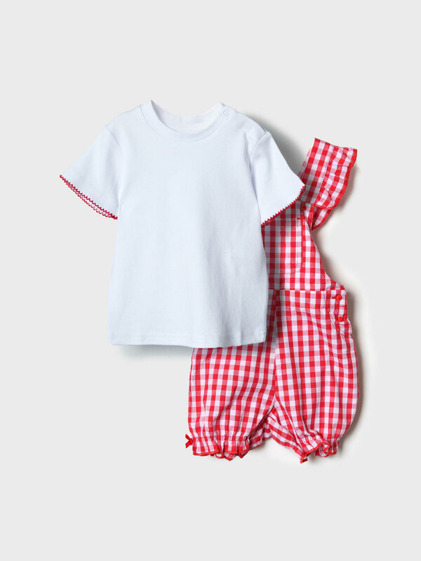 Комплект детский для девочек: джемпер трикотажный (футболка), полукомбинезон текстильный