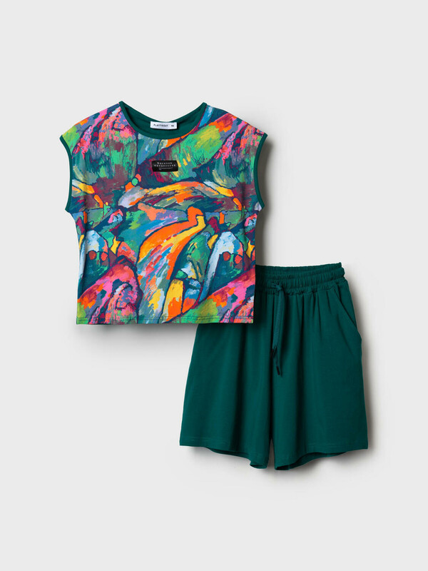 Комплект трикотажный для девочек: фуфайка (футболка), шорты