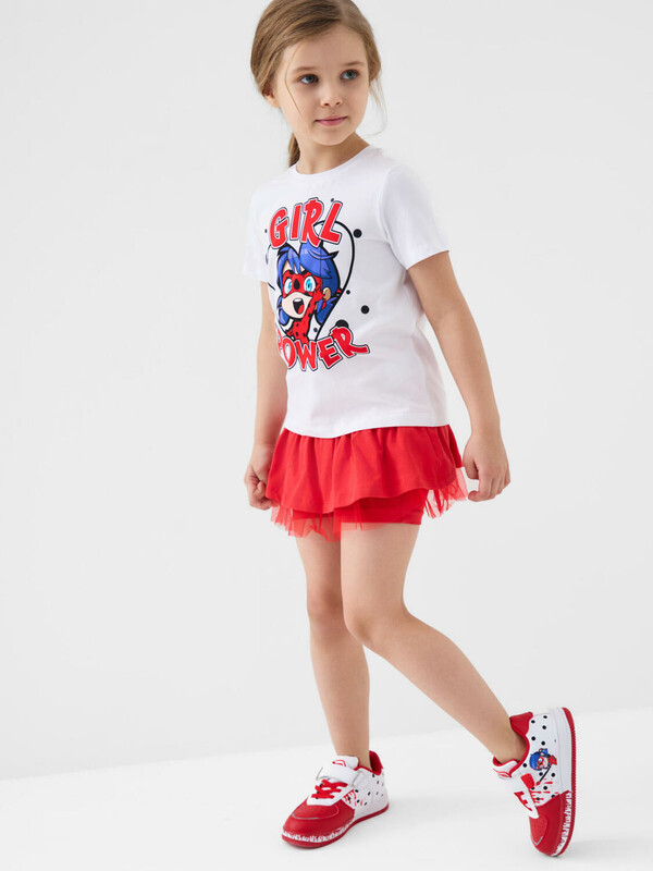 Комплект трикотажный для девочек: фуфайка (футболка), юбка-шорты