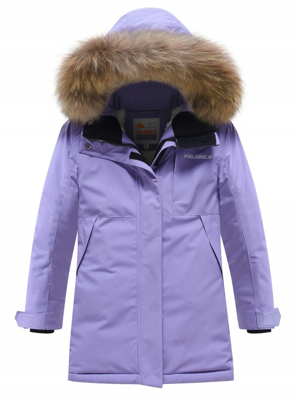 Парка зимняя подростковая для девочки с капюшоном и мехом фиолетового цвета 9532F