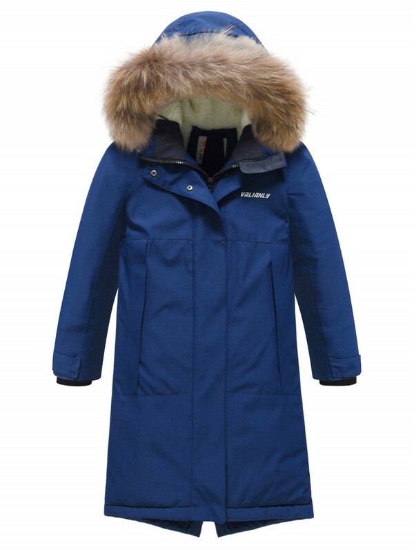 Парка зимняя подростковая для девочки с капюшоном и мехом темно-синего цвета 9536TS