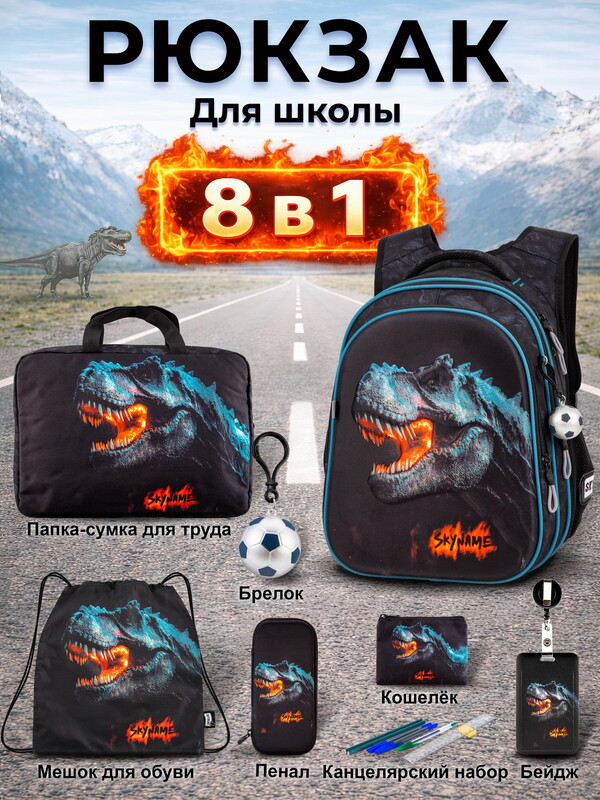 Рюкзак SkyName set-R1-097+ мешок для обуви, папка, пенал, кошелек, бейдж, канц. набор, брелок мячик