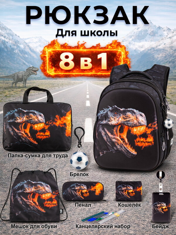Рюкзак SkyName set-R1-098+ мешок для обуви, папка, пенал, кошелек, бейдж, канц. набор, брелок мячик