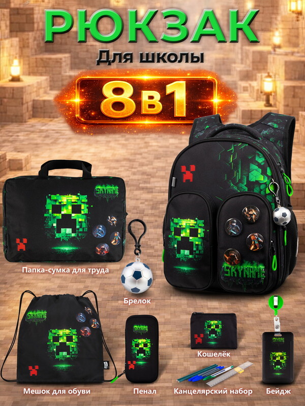 Рюкзак SkyName set-R9-1 + мешок для обуви, папка, пенал, кошелек, бейдж, канц.наб, бр. мячик, значки