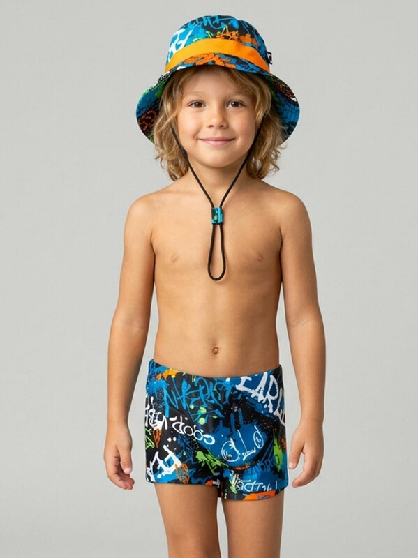 Комплект для мальчиков: плавки-шорты трикотажные, панама текстильная
