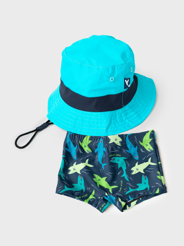 Комплект для мальчиков: плавки-шорты трикотажные, панама текстильная