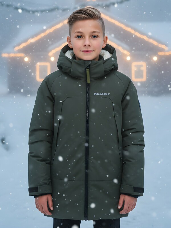 Парка зимняя подростковая для мальчика с капюшоном цвета хаки 9533Kh
