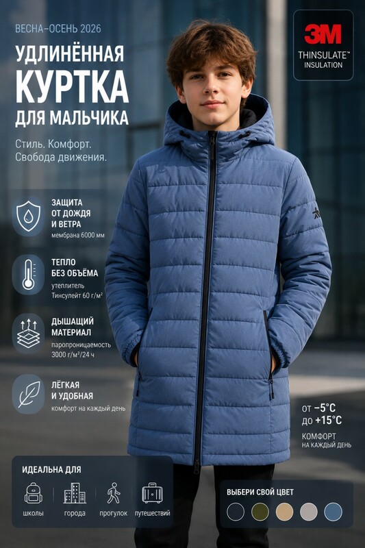 Удлинённая стёганая куртка для мальчика с теплоотражающей подкладкой синего цвета 9629_3S