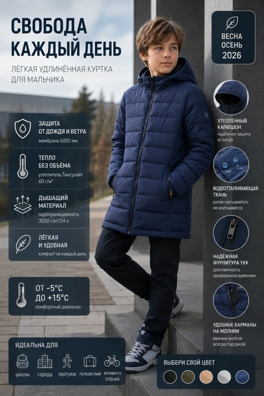 Удлинённая стёганая куртка для мальчика с теплоотражающей подкладкой темно-синего цвета 9629_3TS