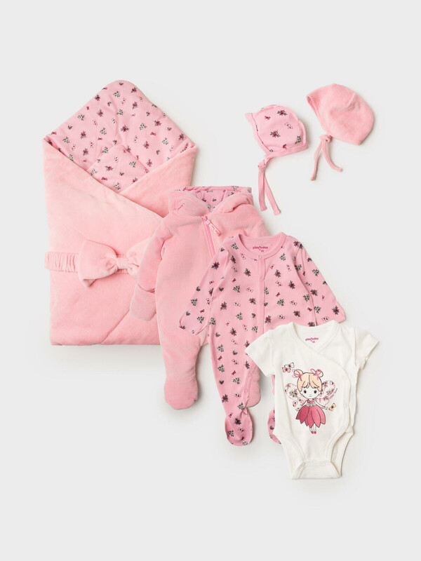 Комплект детский трикотажный для девочек: конверт-одеяло, комбинезон – 2 шт, боди, чепчик, шапочка