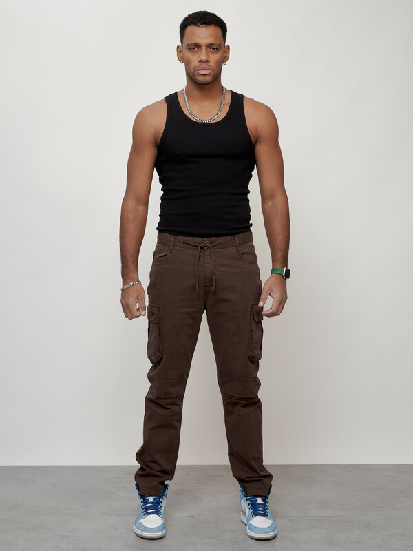 Джинсы карго мужские с накладными карманами коричневого цвета 2401K