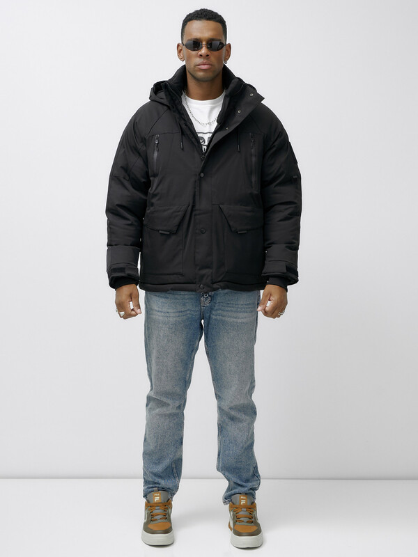 Куртка спортивная мужская зимняя с капюшоном черного цвета 25321Ch