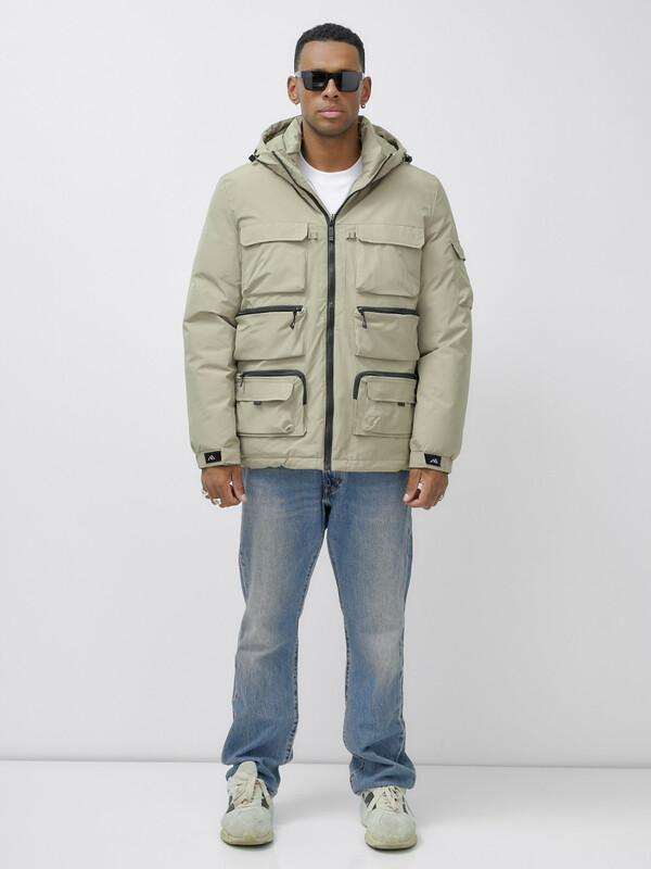 Куртка спортивная мужская зимняя с капюшоном бежевого цвета 3222B