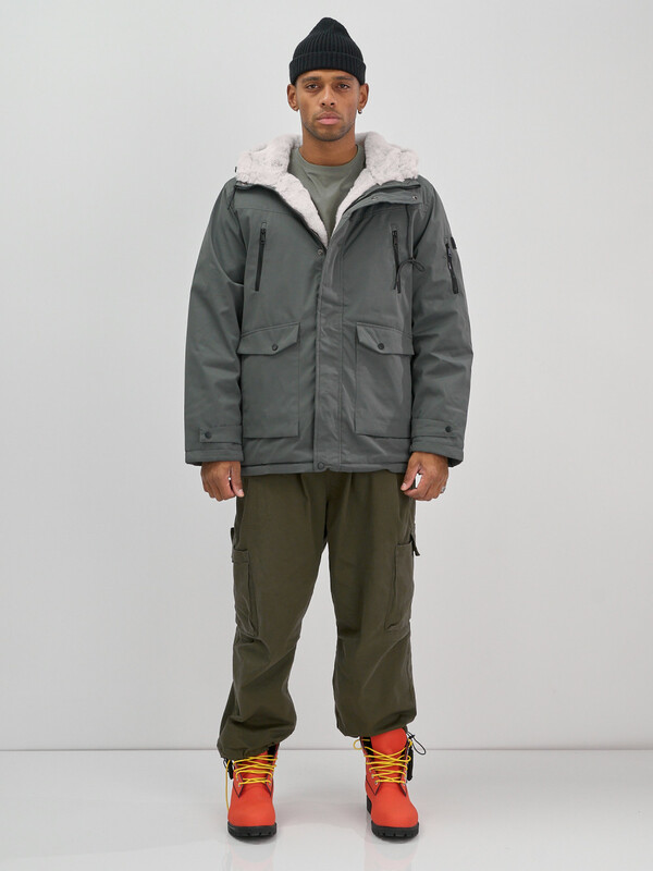 Парка мужская зимняя удлиненная с мехом серого цвета 8761Sr