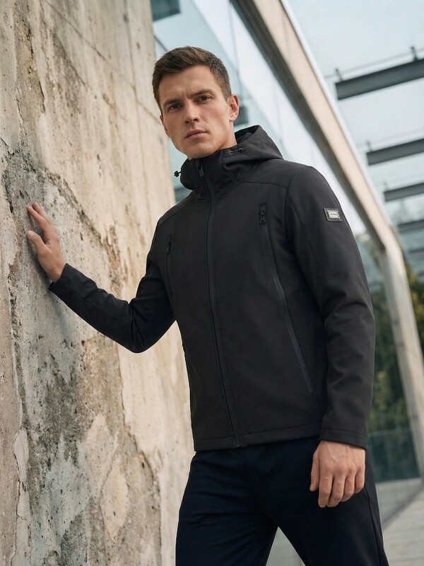 Ветровка мужская софтшелл виндстоппер с капюшоном спортивная черного цвета 9613_1Ch