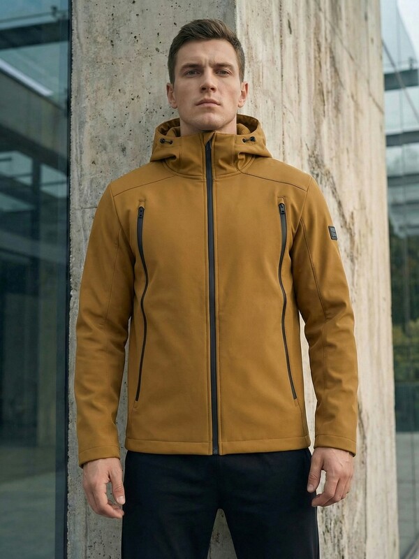 Ветровка мужская софтшелл виндстоппер с капюшоном спортивная горчичного цвета 9613_1G
