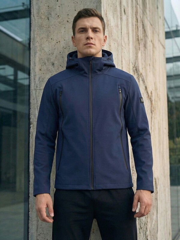 Ветровка мужская софтшелл виндстоппер с капюшоном спортивная темно-синего цвета 9613_1TS