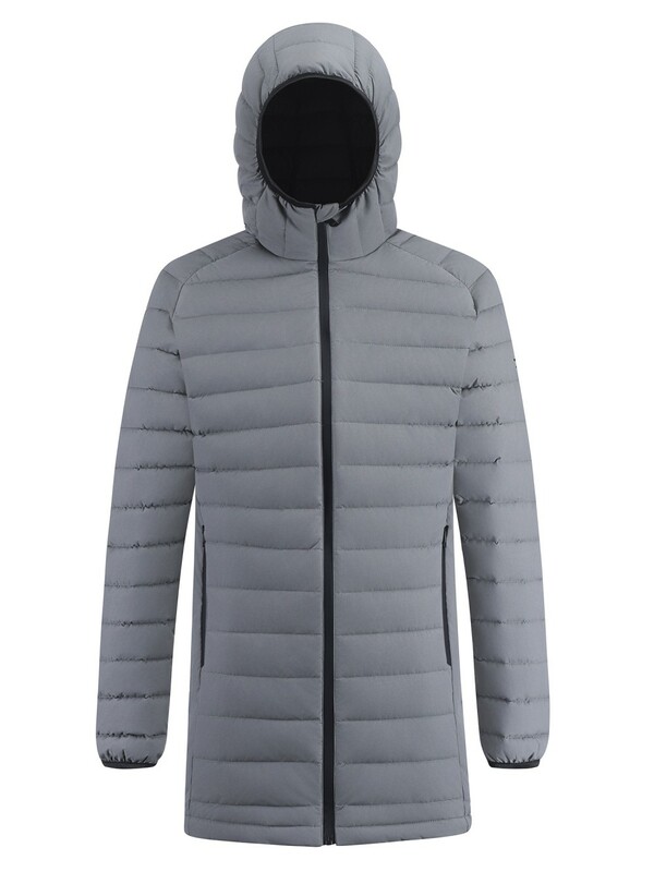 Куртка мужская удлинённая стёганая с капюшоном и графеновой подкладкой серого цвета 9629_1Sr