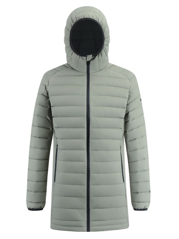 Куртка мужская удлинённая стёганая с капюшоном и графеновой подкладкой зеленого цвета 9629_1Z