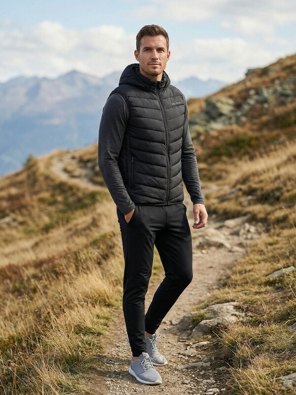 Мужской лёгкий стёганый жилет Valianly с капюшоном черного цвета 9635_1Ch