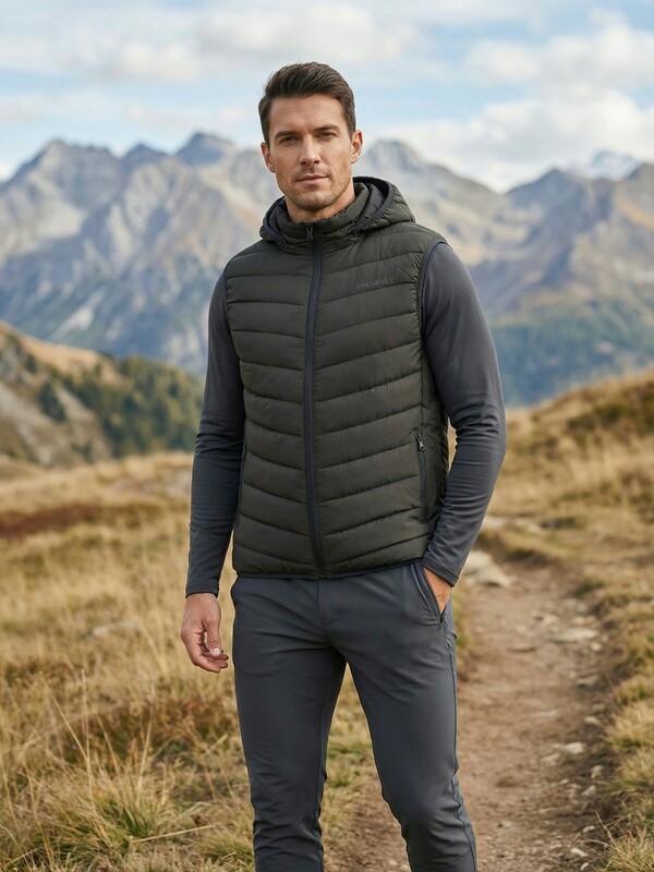 Мужской лёгкий стёганый жилет Valianly с капюшоном цвета хаки 9635_1Kh