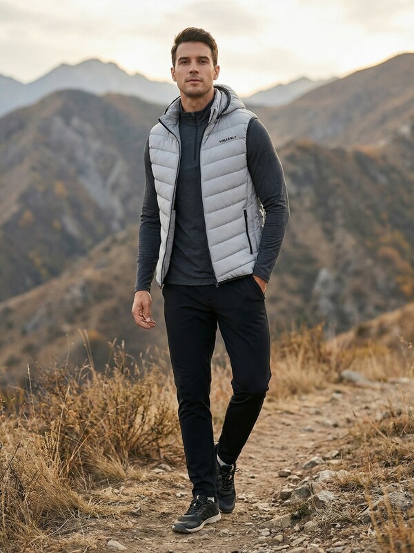 Мужской лёгкий стёганый жилет Valianly с капюшоном серого цвета 9635_1Sr