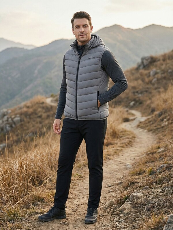 Мужской лёгкий стёганый жилет Valianly с капюшоном темно-серого цвета 9635_1TC