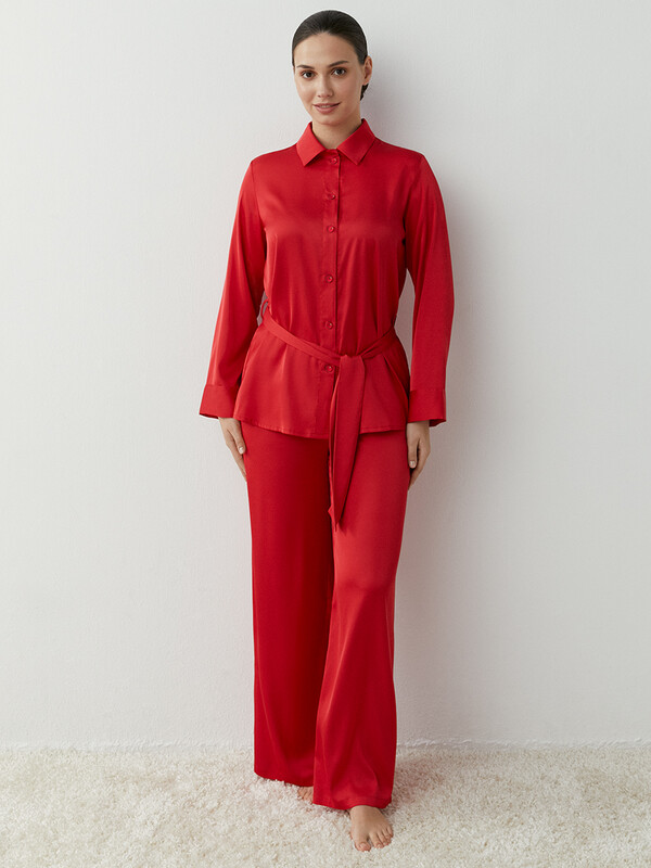 Пижамы Пижамы OmD 0230D GRAZIA  Пижама жен. (Рубашка удлинен.с поясом+Брюки прямые однотон), PL