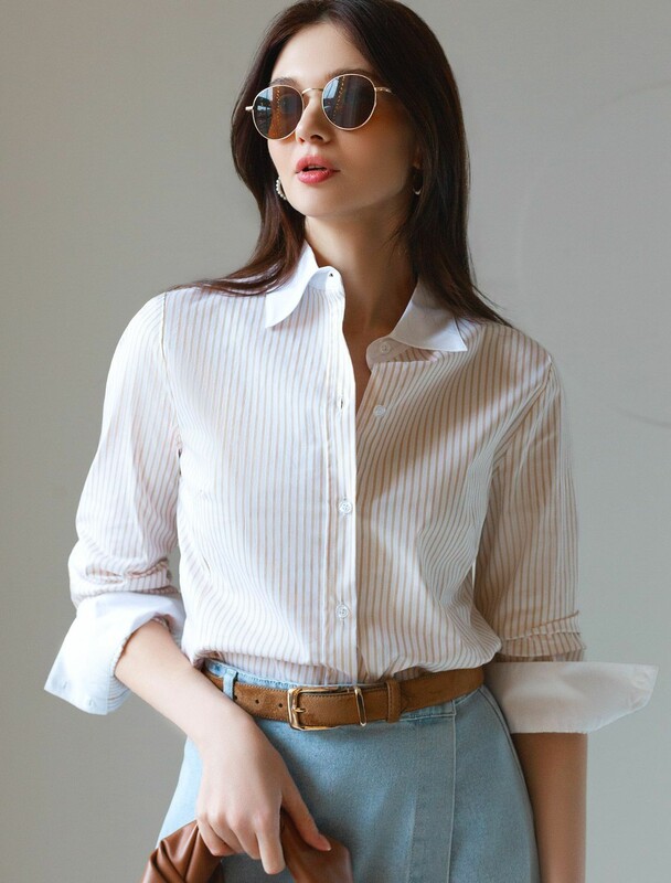 Блузка приталенного силуэта в полоску из эластичного хлопка