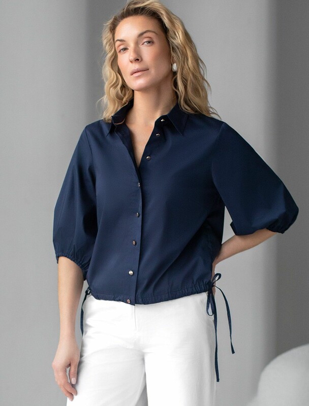 Укороченная блузка с рукавами буфами и с кулиской по низу из эластичного хлопка