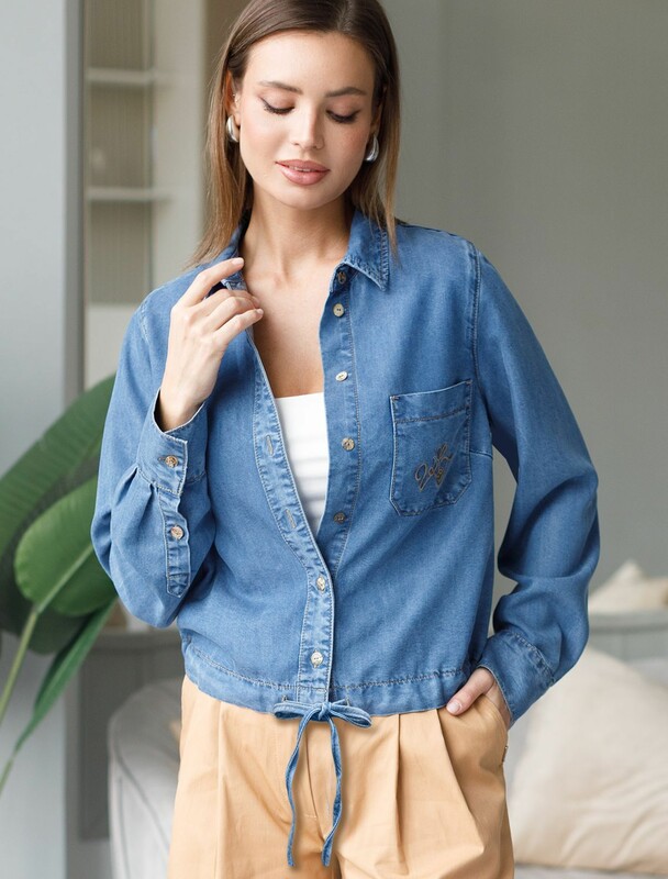 Укороченная блузка с кулиской из джинсового лиоцелла