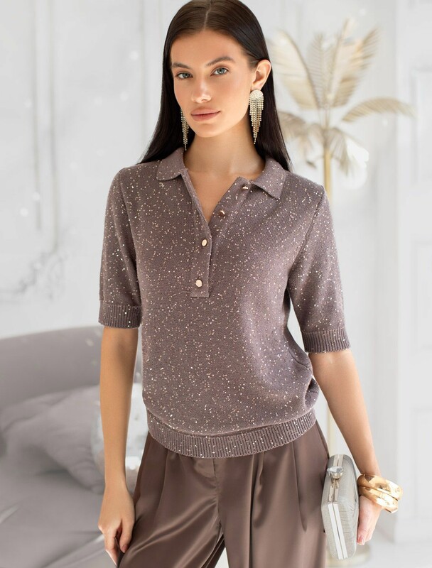 Джемпер поло с застежкой на пуговицы из хлопковой пряжи с пайетками