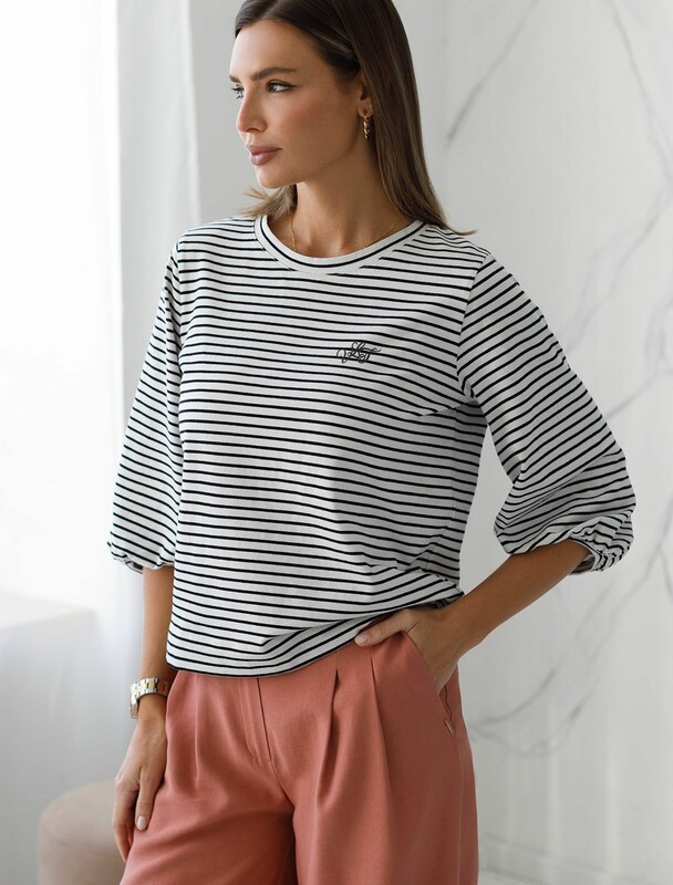 Лонгслив в полоску с рукавами-буфами из премиального хлопка с эластаном