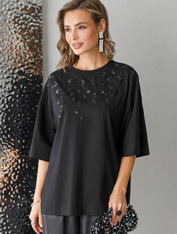 Футболка оверсайз с принтом стразами из премиального хлопка с эластаном