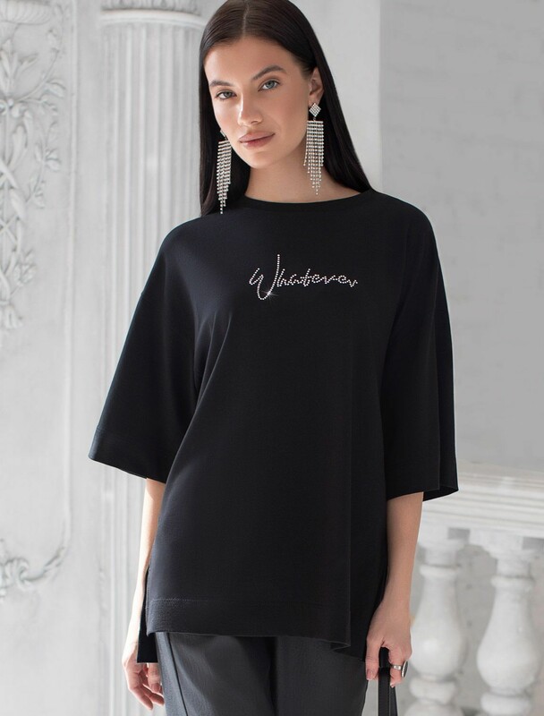 Футболка оверсайз с принтом стразами из премиального хлопка с эластаном