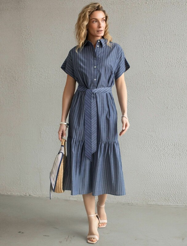 Платье в полоску А-силуэта с поясом из легкого хлопкового поплина