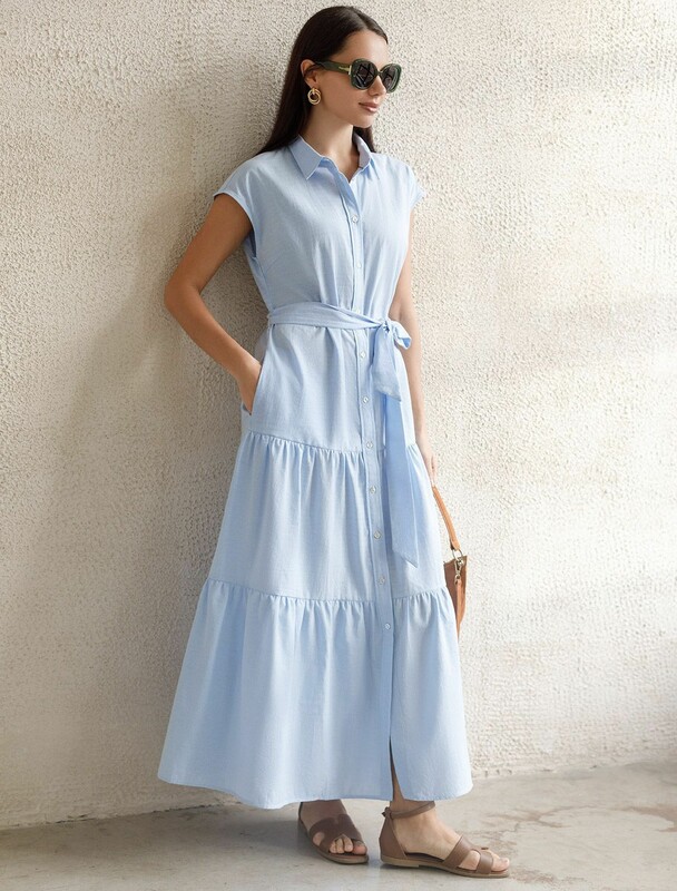 Платье А-силуэта с поясом из легкого хлопкового поплина