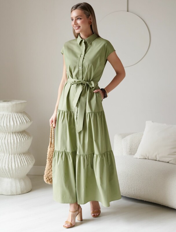 Платье А-силуэта с поясом из легкого хлопкового поплина