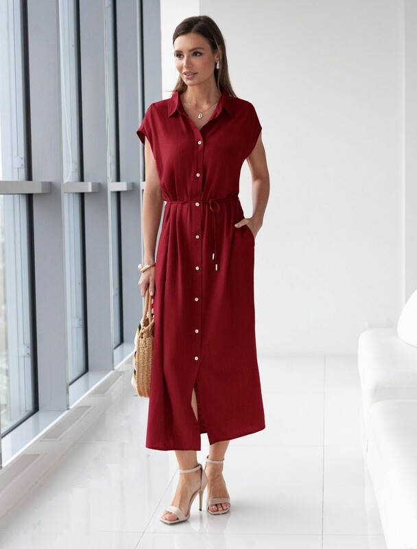 Длинное платье-рубашка с поясом и разрезами изо льна с вискозой