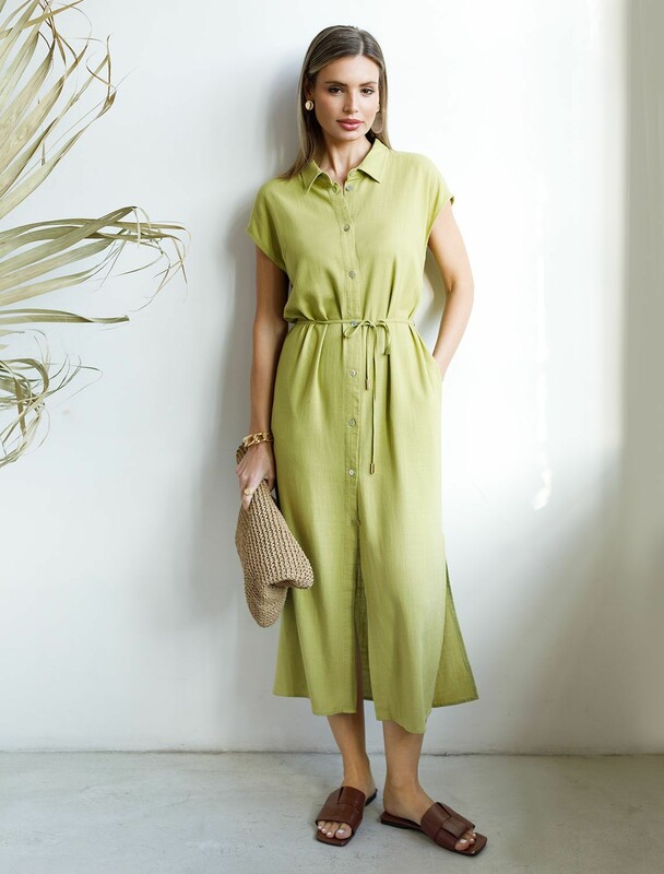 Длинное платье-рубашка с поясом и разрезами изо льна с вискозой