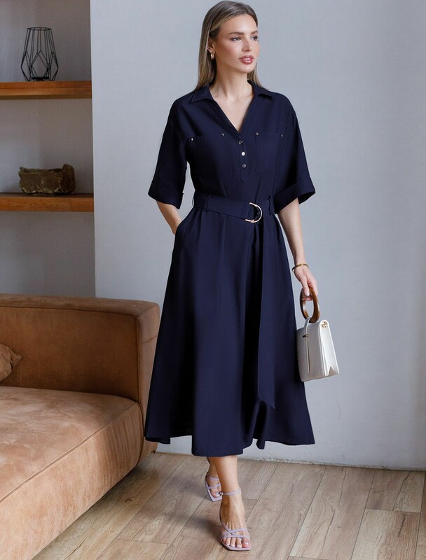 Платье-рубашка А-силуэта с поясом и карманами из плотного лиоцелла