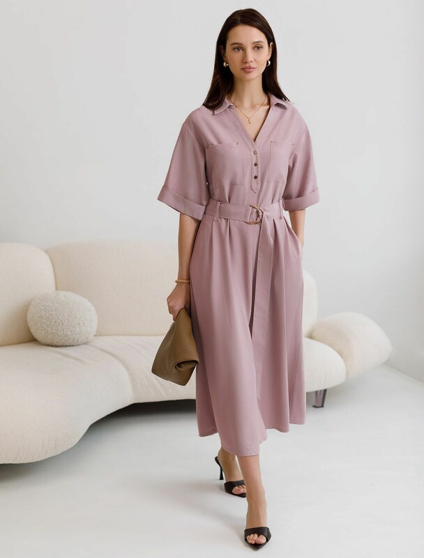Платье-рубашка А-силуэта с поясом и карманами из плотного лиоцелла