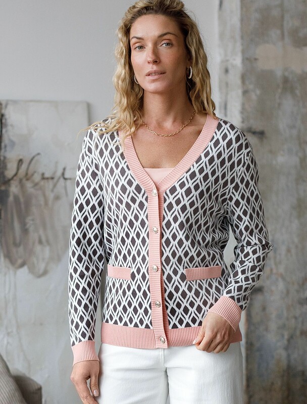 Кардиган с V-вырезом жаккардовой вязки с принтом ромб